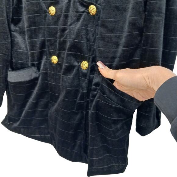Velvet Jacket BLACK Blazer GOLD BUTTONS Deep V-neck Front Puff Shoulders Pockets - Picture 5 of 16